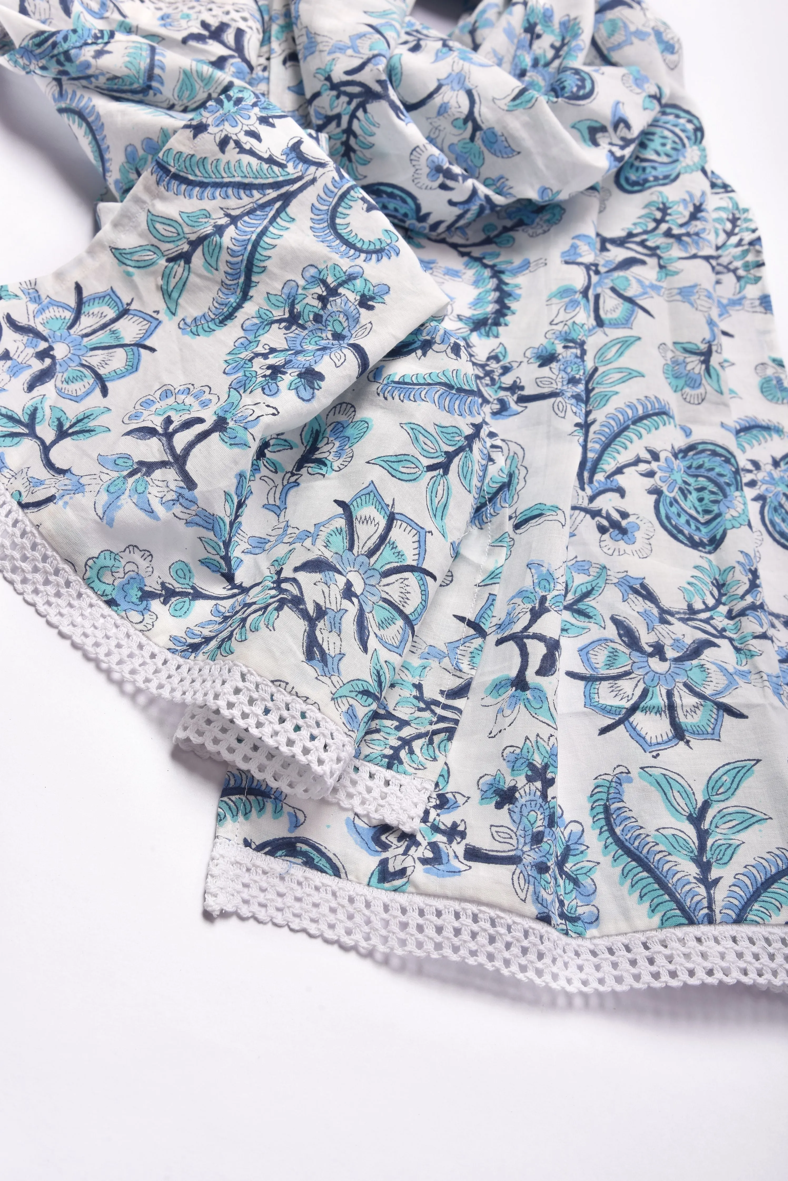 White Overall Blue Print Cotton Stole