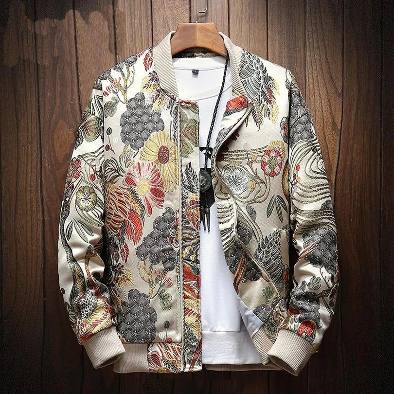 Wild Crane Embroidered Floral Print Bomber Jacket