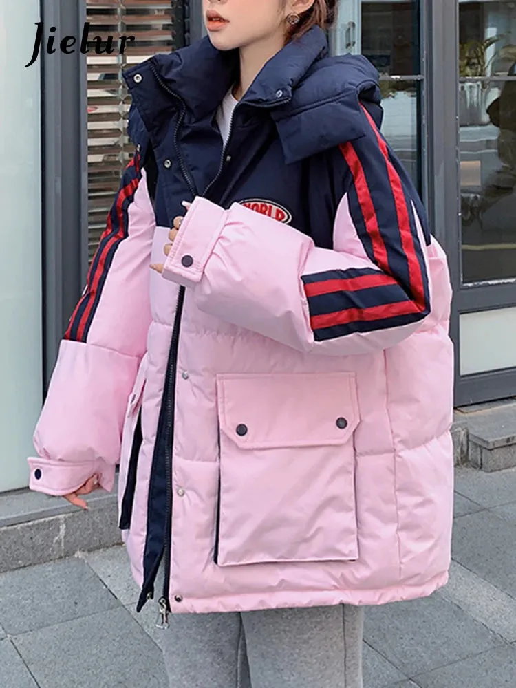 Winter Fashion Patchwork Hooded Parkas Female Casual Korean Zipper Cotton Down Jacket Women Pocket Blue Padded Parka Lady