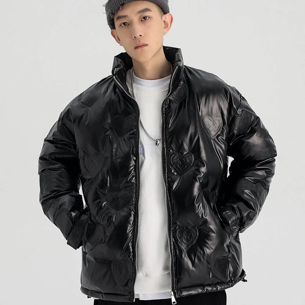 Winter Jacket Men Heart Embossing Solid Color Zipper Black Parkas