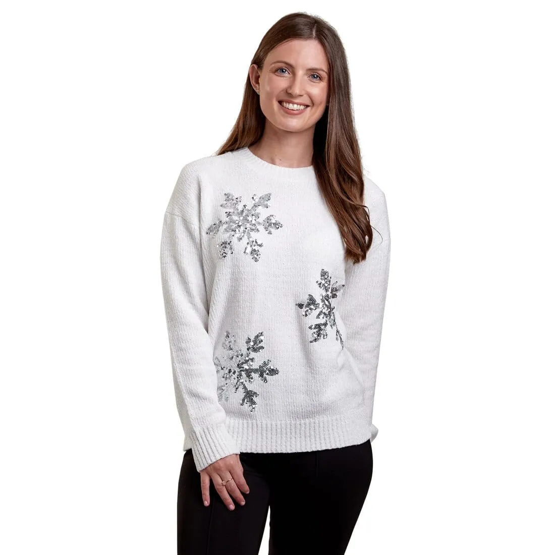 Womens Christmas Jumper Snowflakes Silver Sequins Cream Grey