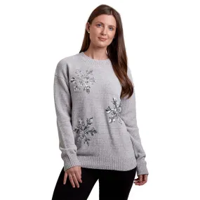 Womens Christmas Jumper Snowflakes Silver Sequins Cream Grey