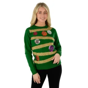 Womens Christmas Jumper Tinsel Bauble Tree Sequins Green