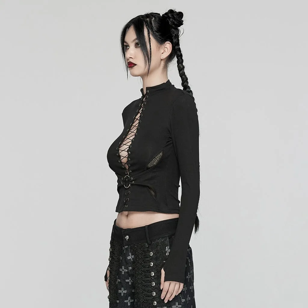 Women's Punk Lace-up Mesh Splice Shirt