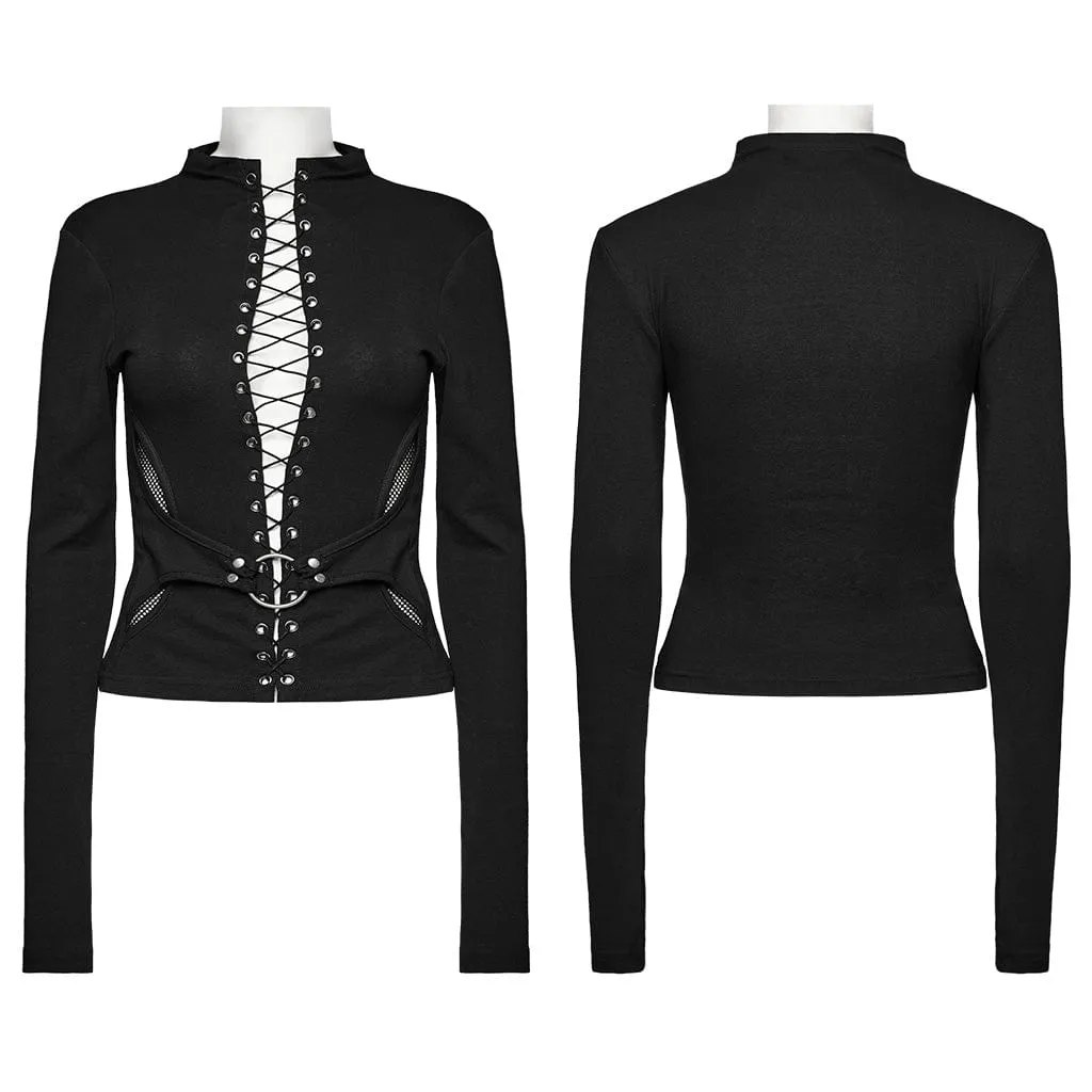 Women's Punk Lace-up Mesh Splice Shirt