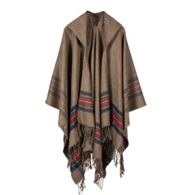 Women's Thick Color Stripe Imitation Cashmere Jacquard Shawl Warm Lengthened Fashion Hooded Cape