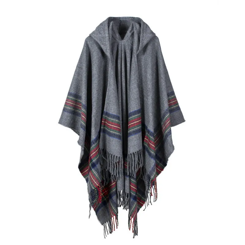 Women's Thick Color Stripe Imitation Cashmere Jacquard Shawl Warm Lengthened Fashion Hooded Cape