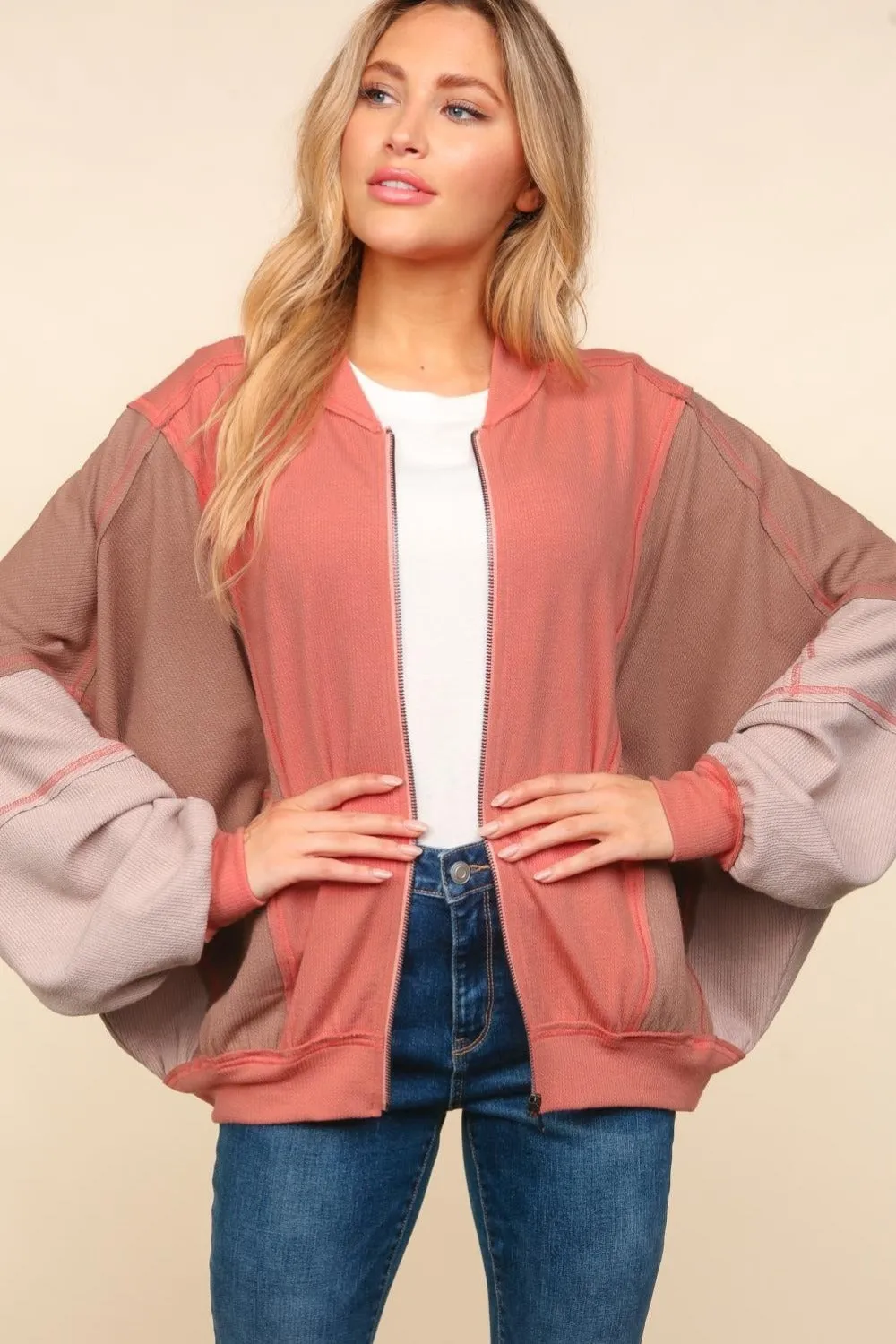 Zip Up Color Block Bomber Jacket with Side Pockets